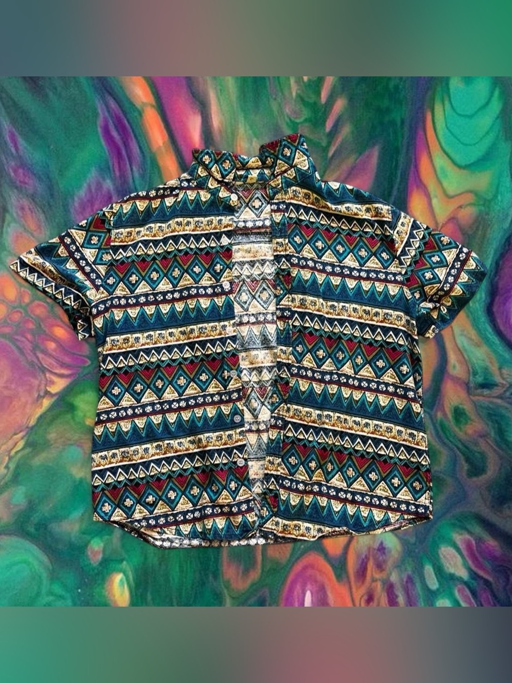 Geometric Print Teal Men’s Short-Sleeve Button-Up Shirt